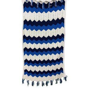 Hand Crochet‎ Throw Afghan Wrap Foot Warmer Blue White Tassel Fringe 32x60
